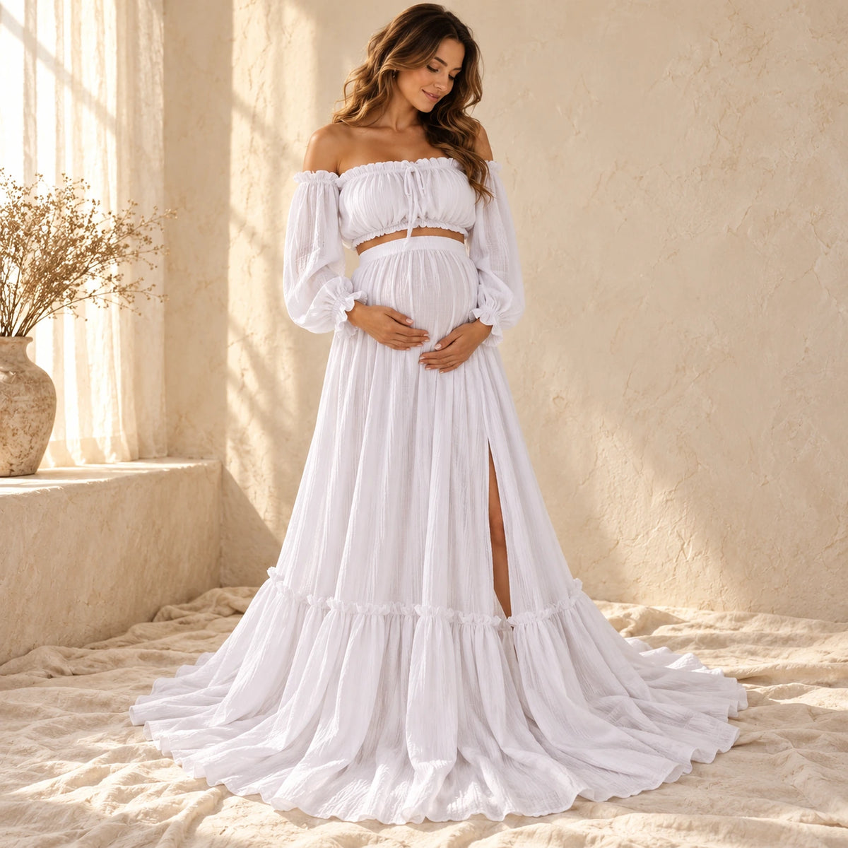 Bohemian Long-Sleeve Maternity Photoshoot Outfit, WHITE, worn or used by an adult model