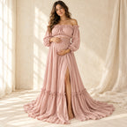 Bohemian Long-Sleeve Maternity Photoshoot Outfit, Pink, worn or used by an adult model