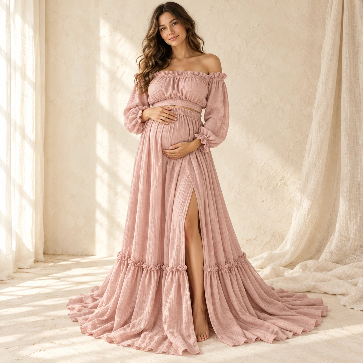 Bohemian Long-Sleeve Maternity Photoshoot Outfit, Pink, worn or used by an adult model