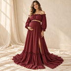 Bohemian Long-Sleeve Maternity Photoshoot Outfit, Wine red, worn or used by an adult model