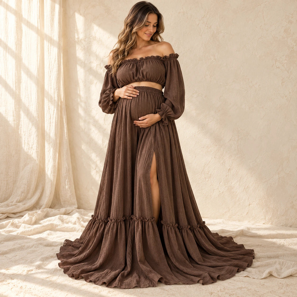 Bohemian Long-Sleeve Maternity Photoshoot Outfit, Coffee, worn or used by an adult model