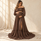 Bohemian Long-Sleeve Maternity Photoshoot Outfit, Coffee, worn or used by an adult model