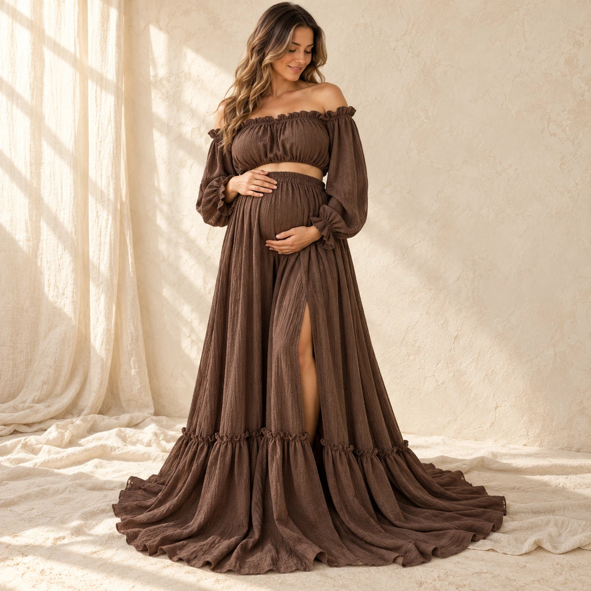 Bohemian Long-Sleeve Maternity Photoshoot Outfit, Coffee, worn or used by an adult model