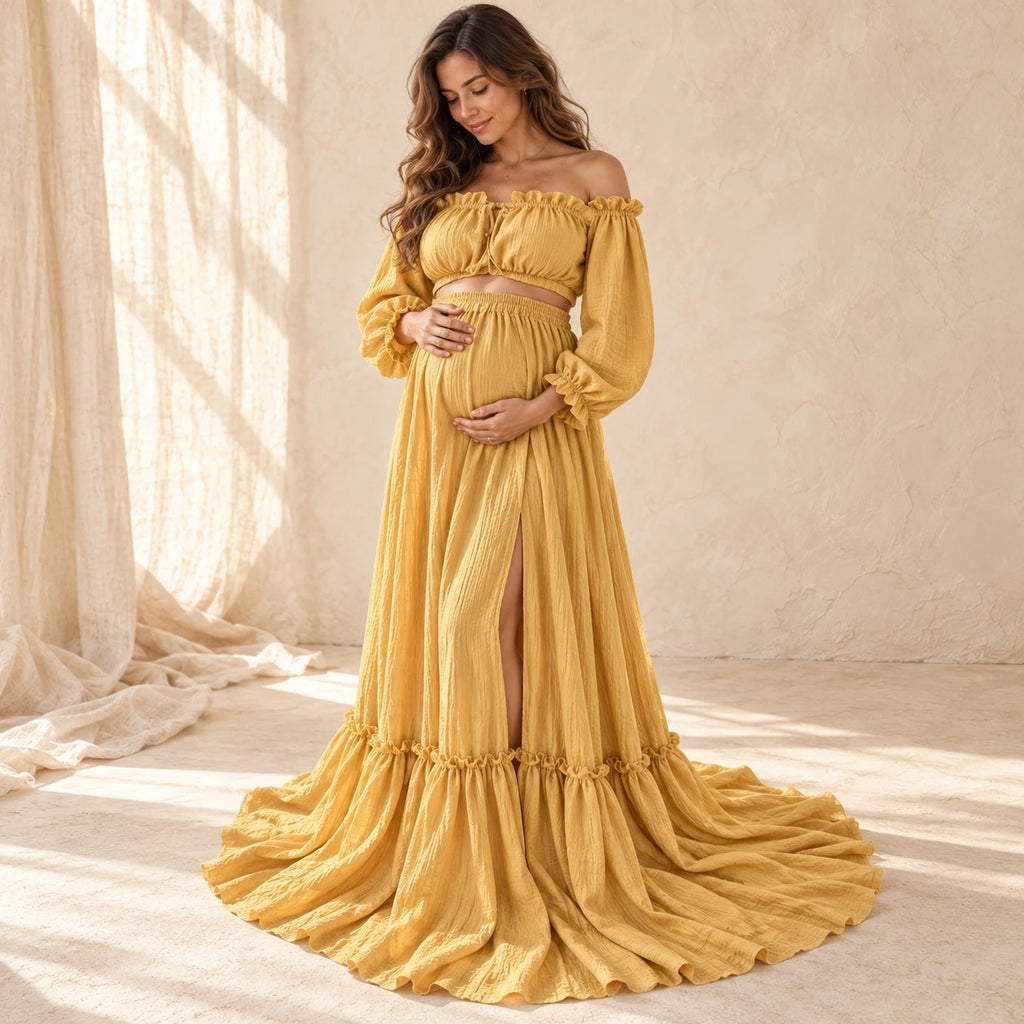 Bohemian Long-Sleeve Maternity Photoshoot Outfit, YELLOW, worn or used by an adult model
