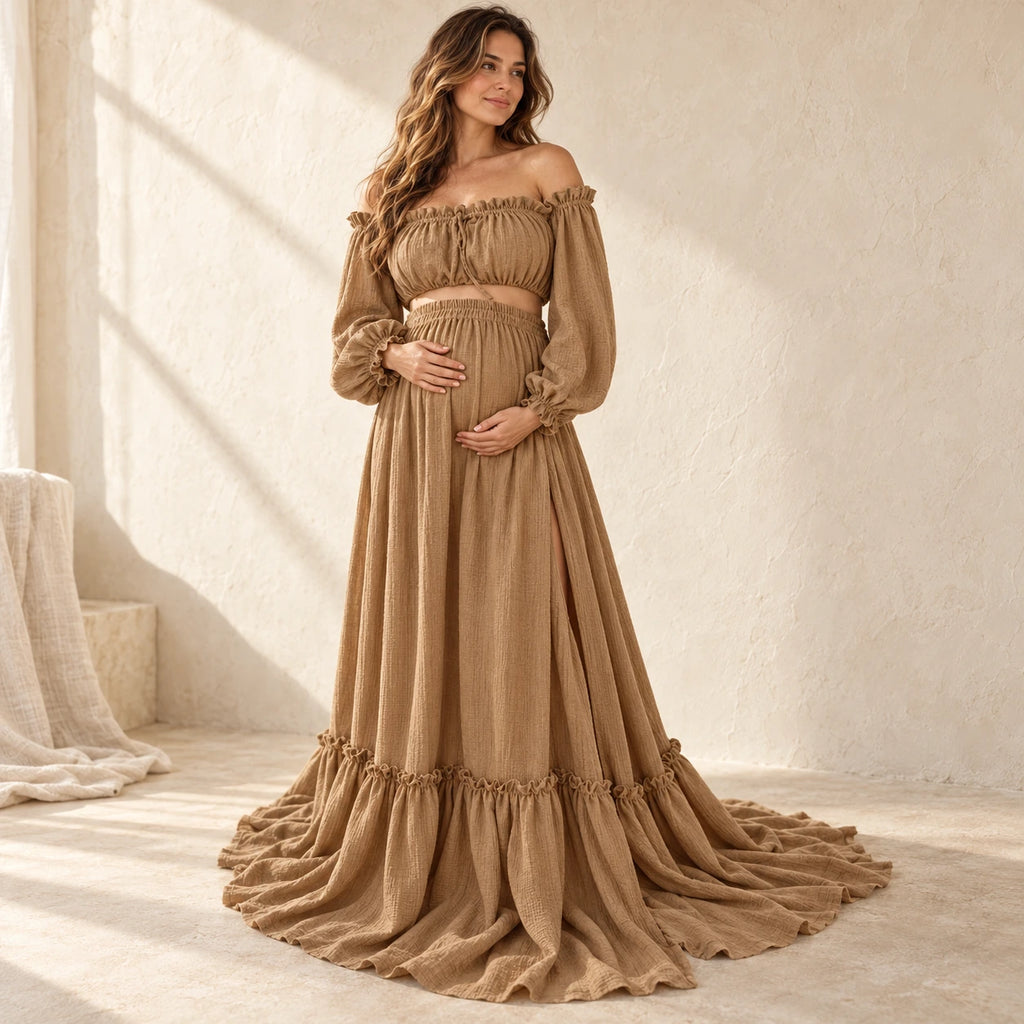 Bohemian Long-Sleeve Maternity Photoshoot Outfit, camel, worn or used by an adult model