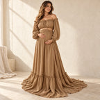 Bohemian Long-Sleeve Maternity Photoshoot Outfit, camel, worn or used by an adult model
