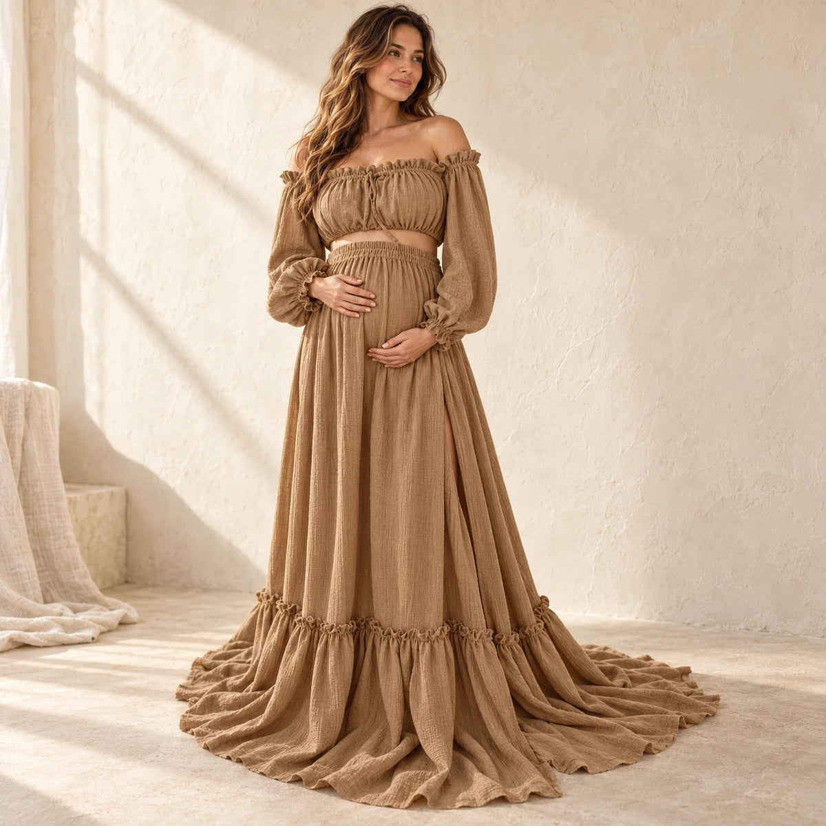 Bohemian Long-Sleeve Maternity Photoshoot Outfit, camel, worn or used by an adult model