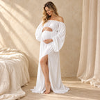 Off-Shoulder Split Maternity Photoshoot Gown, WHITE, worn or used by an adult model