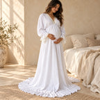 Bohemian V-Neck Lace Maternity Photoshoot Gown, WHITE, worn or used by an adult model