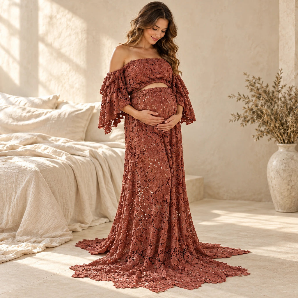 Don&Judy Off-Shoulder Lace Maternity Two-Piece Set, Terracotta, worn or used by an adult model