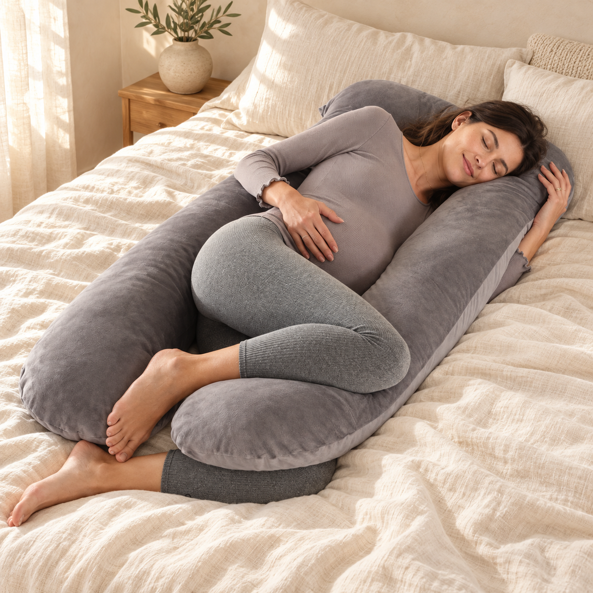 Woman resting with the grey U-shaped pregnancy pillow on cream linen