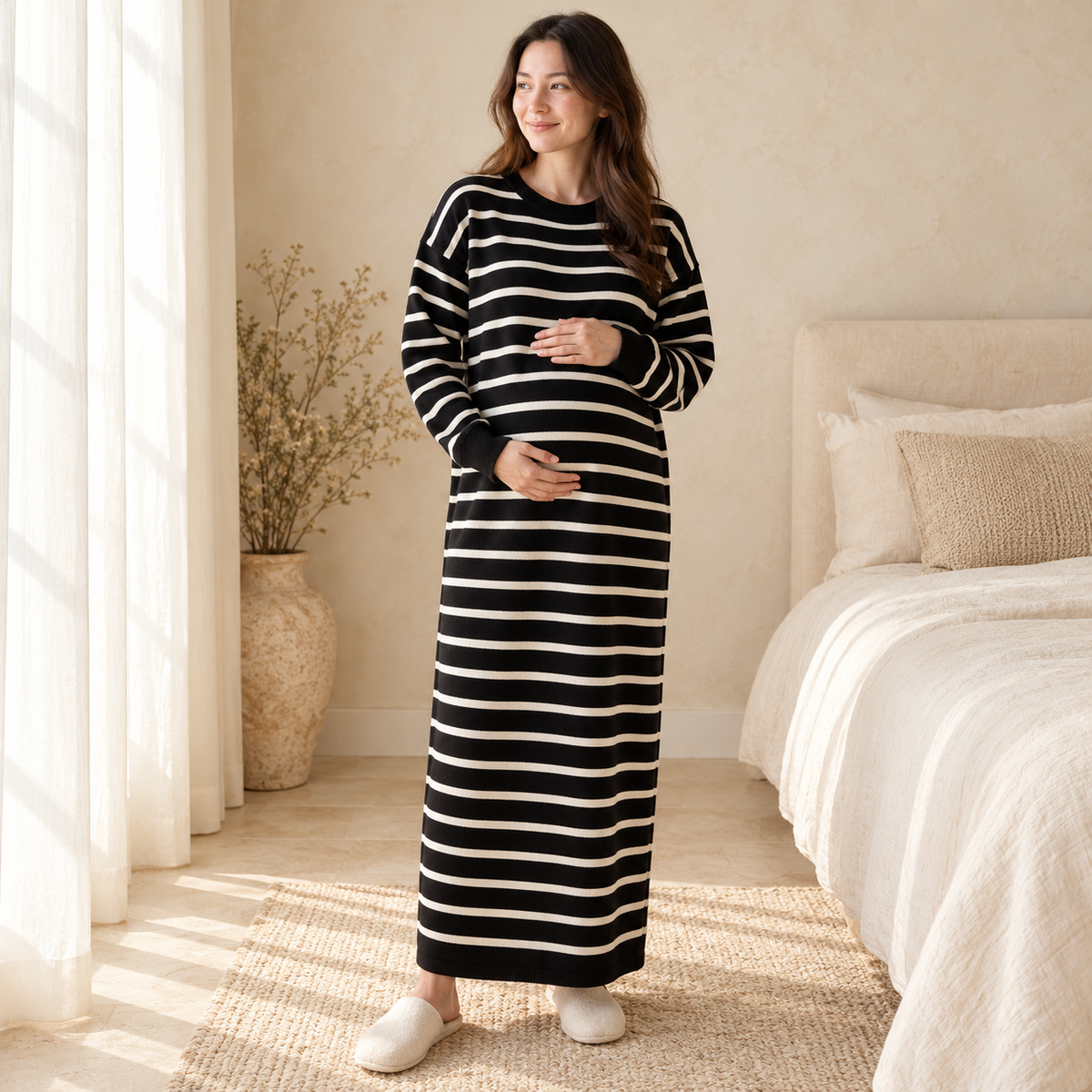 Pregnant woman wearing the black and ivory striped knit maternity maxi dress