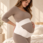 Pregnant woman wearing the white maternity support belt over a neutral outfit