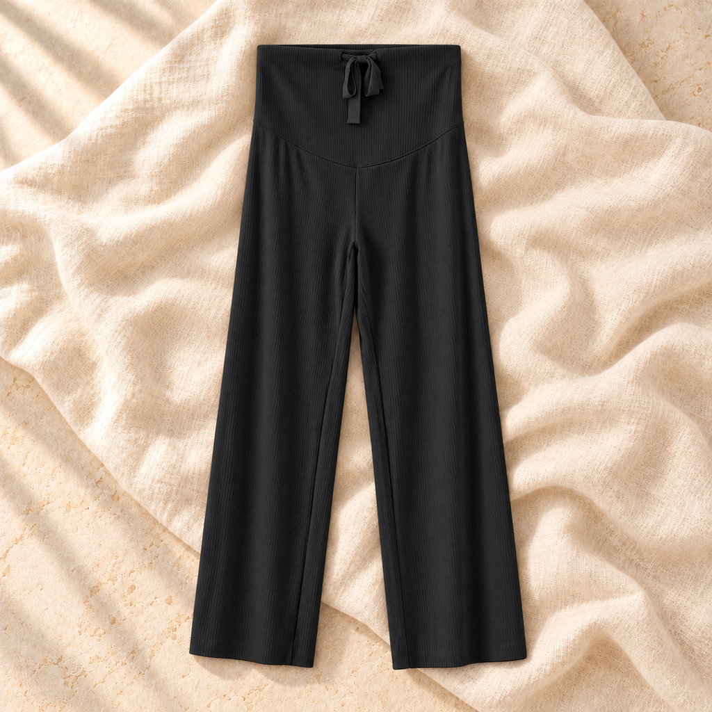 Adjustable-Waist Straight-Leg Maternity Trousers — Black, product on ivory linen