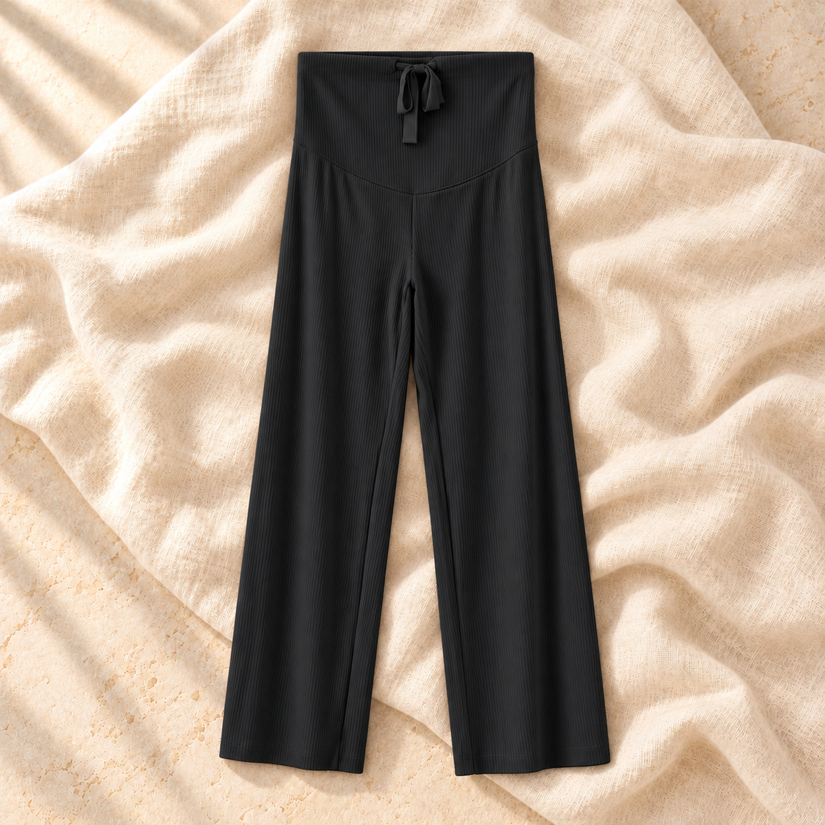Adjustable-Waist Straight-Leg Maternity Trousers — Black, product on ivory linen