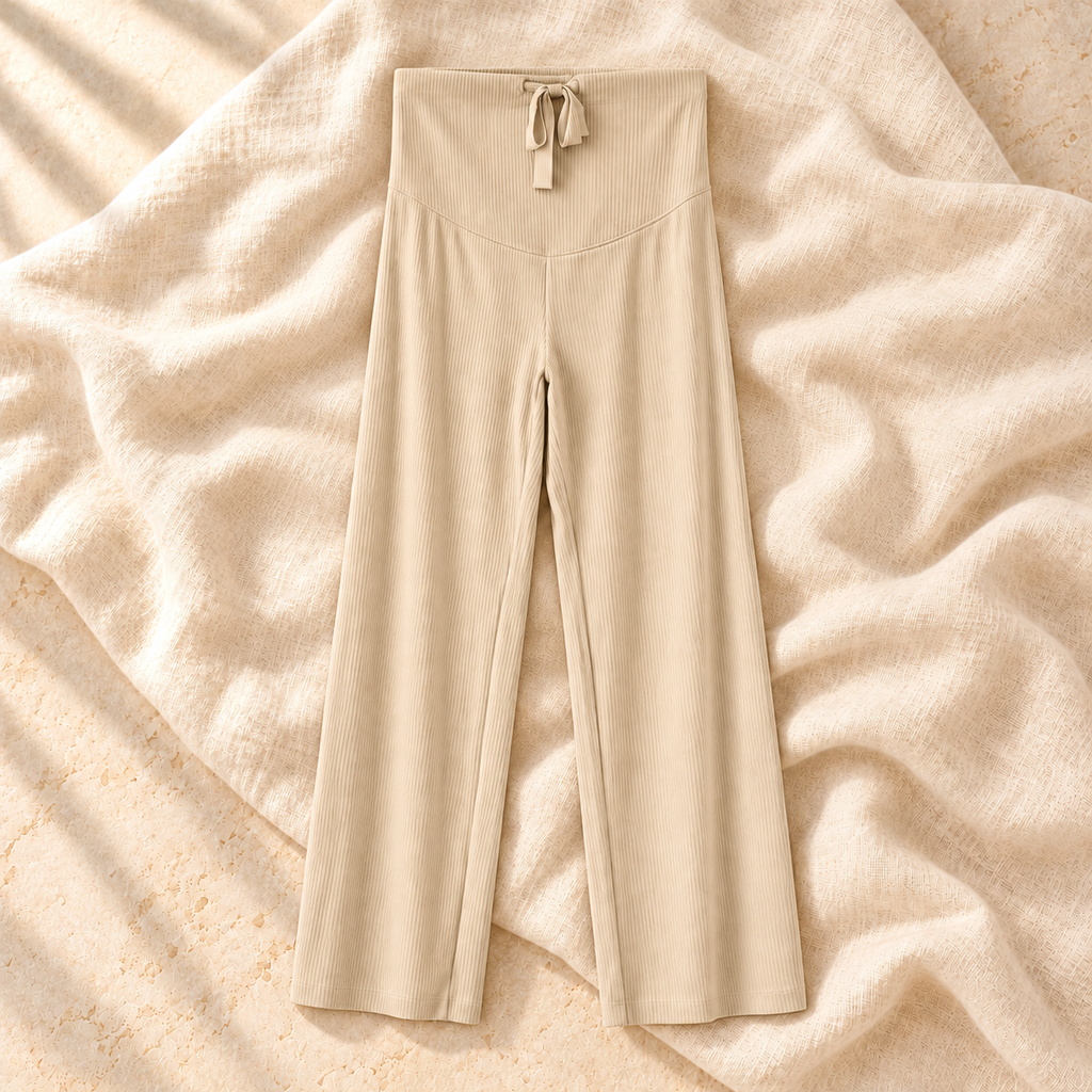 Adjustable-Waist Straight-Leg Maternity Trousers — Khaki, product on ivory linen