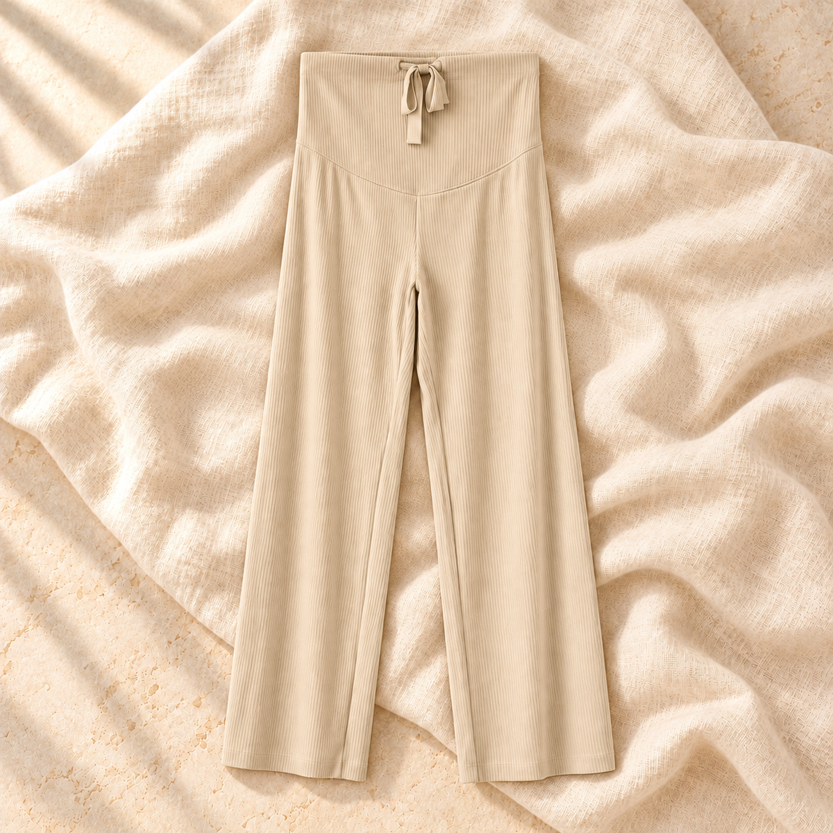 Adjustable-Waist Straight-Leg Maternity Trousers — Khaki, product on ivory linen