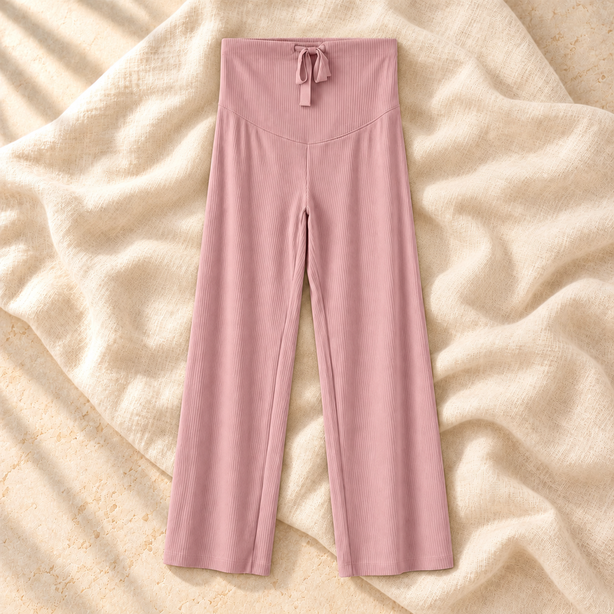 Adjustable-Waist Straight-Leg Maternity Trousers — Pink, product on ivory linen