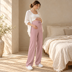 Adjustable-Waist Straight-Leg Maternity Trousers — Pink, worn by an adult maternity model