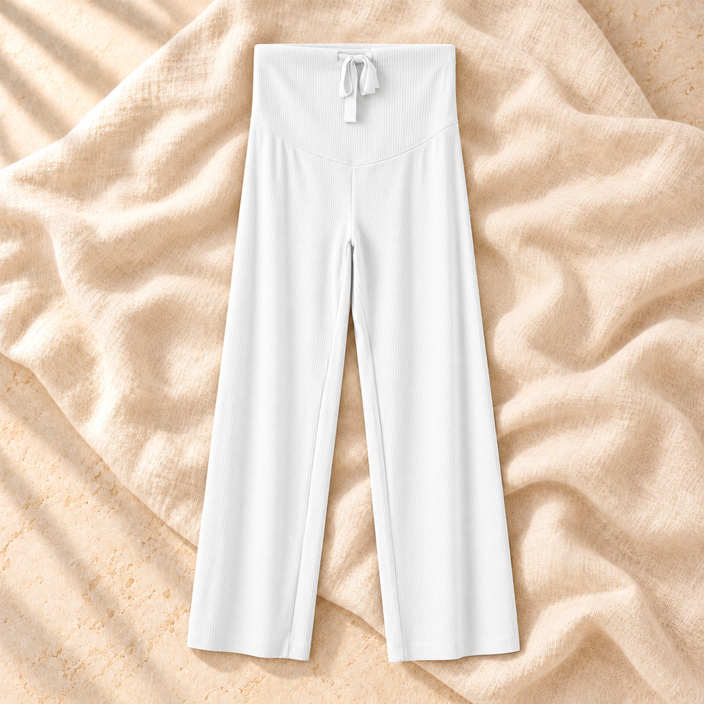 Adjustable-Waist Straight-Leg Maternity Trousers — White, product on ivory linen