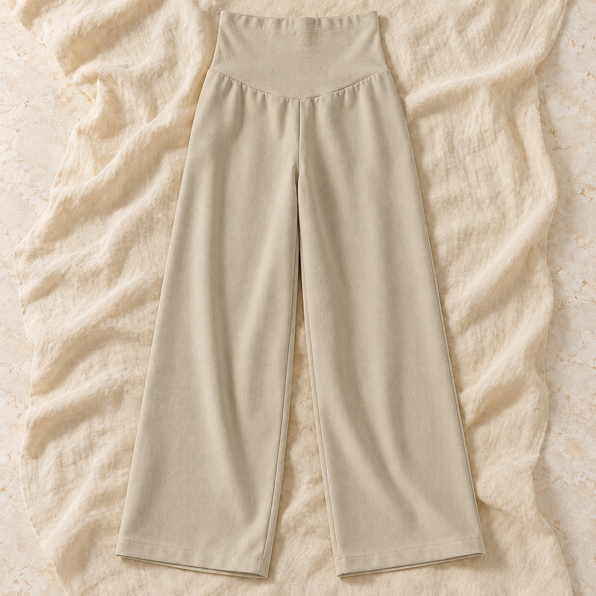 Relaxed Wide-Leg Maternity Trousers — Beige — Winter, product on ivory linen