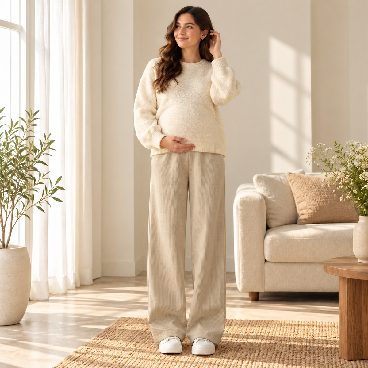 Relaxed Wide-Leg Maternity Trousers — Beige — Winter, worn by an adult maternity model