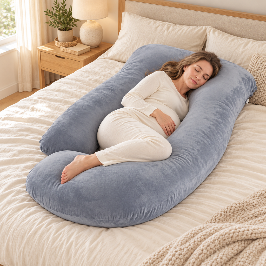 Tots & Moms U-shaped maternity pillow — Gray, used by an adult model