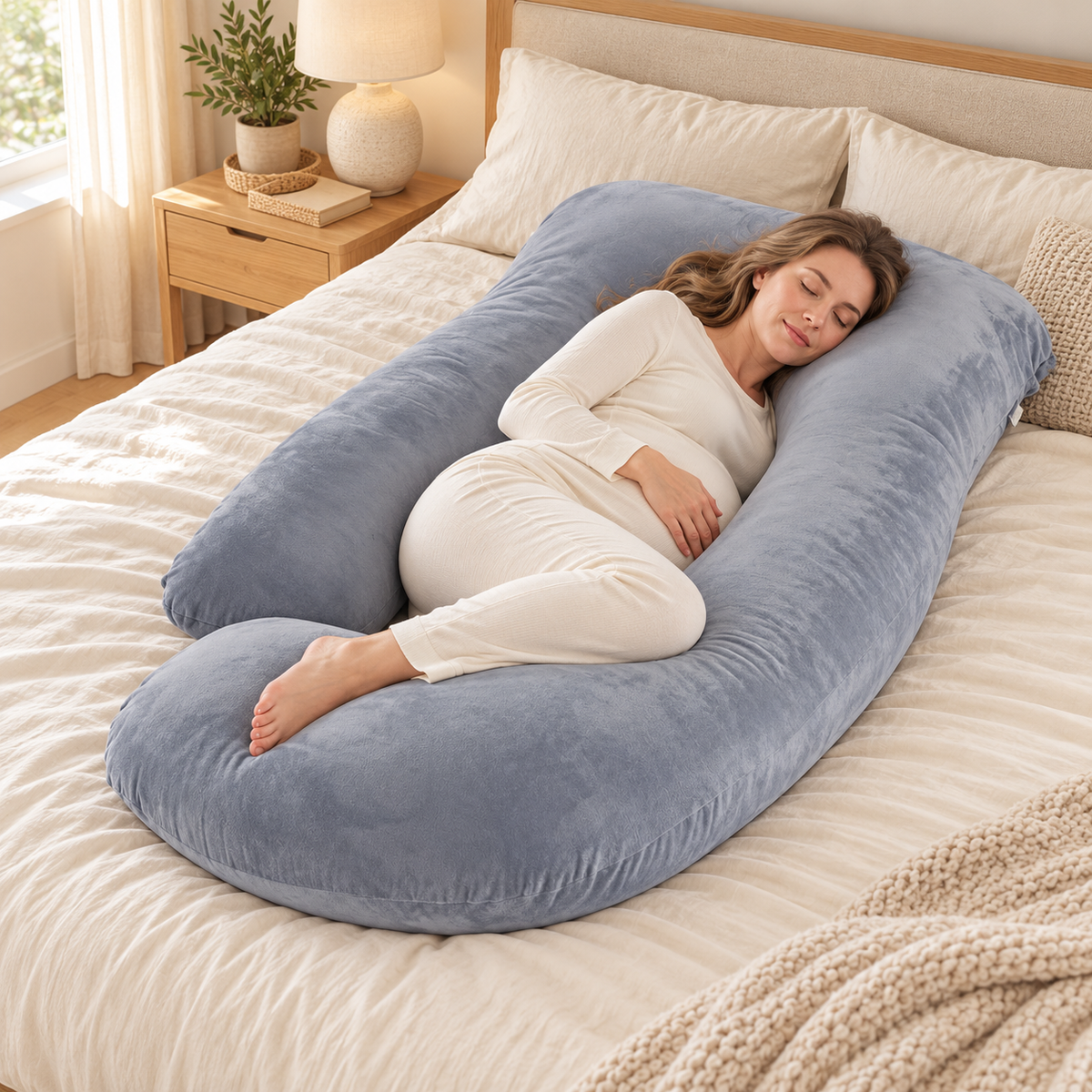 Tots & Moms U-shaped maternity pillow — Gray, used by an adult model