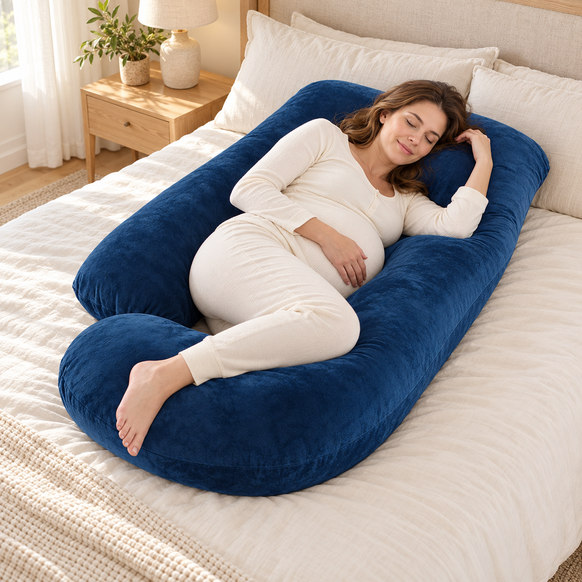 Tots & Moms U-shaped maternity pillow — Blue, used by an adult model