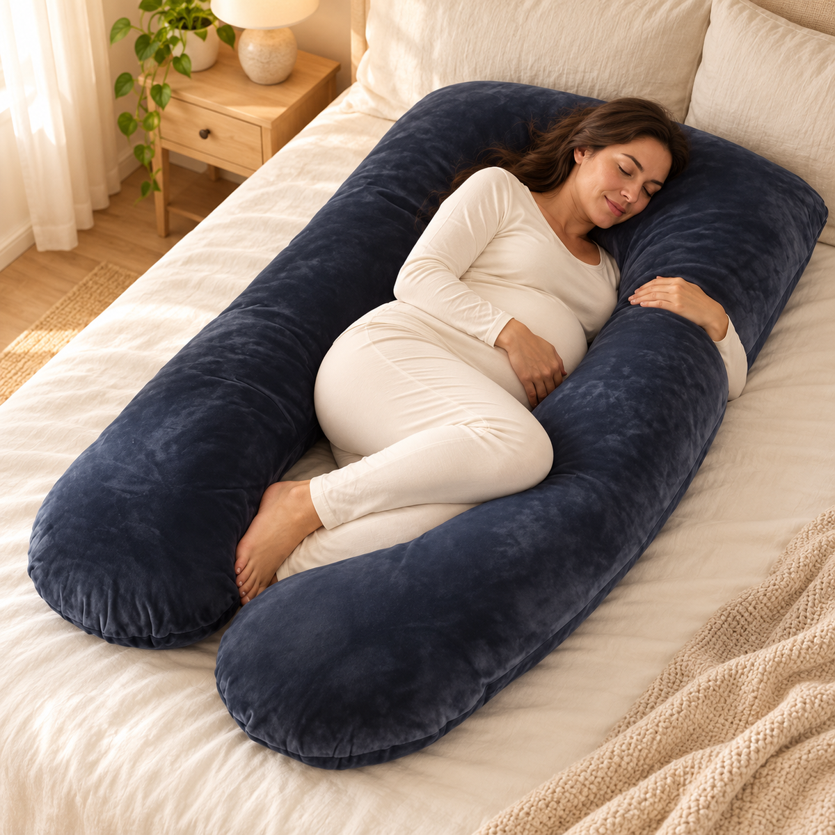 Tots & Moms full-body maternity pillow — U black pillow — model using pillow