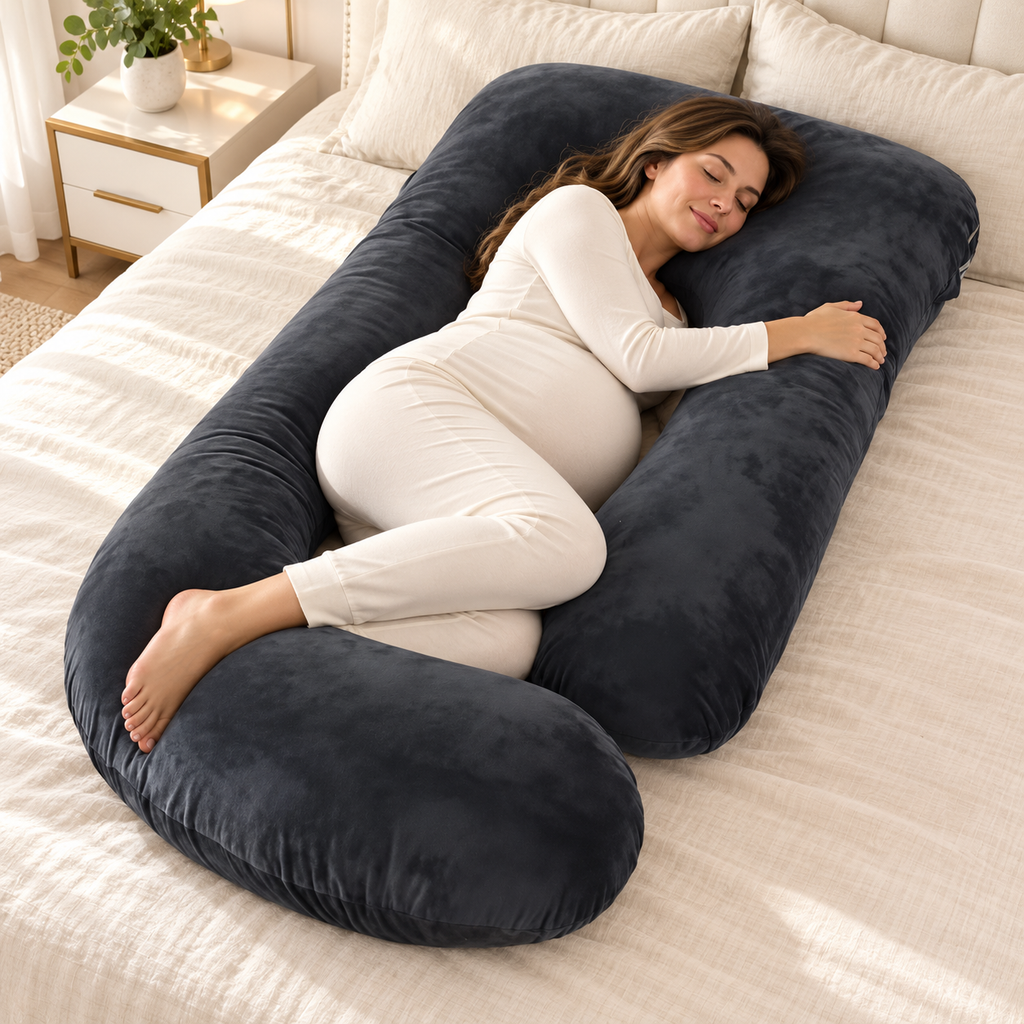 Tots & Moms full-body maternity pillow — G black pillow — model using pillow