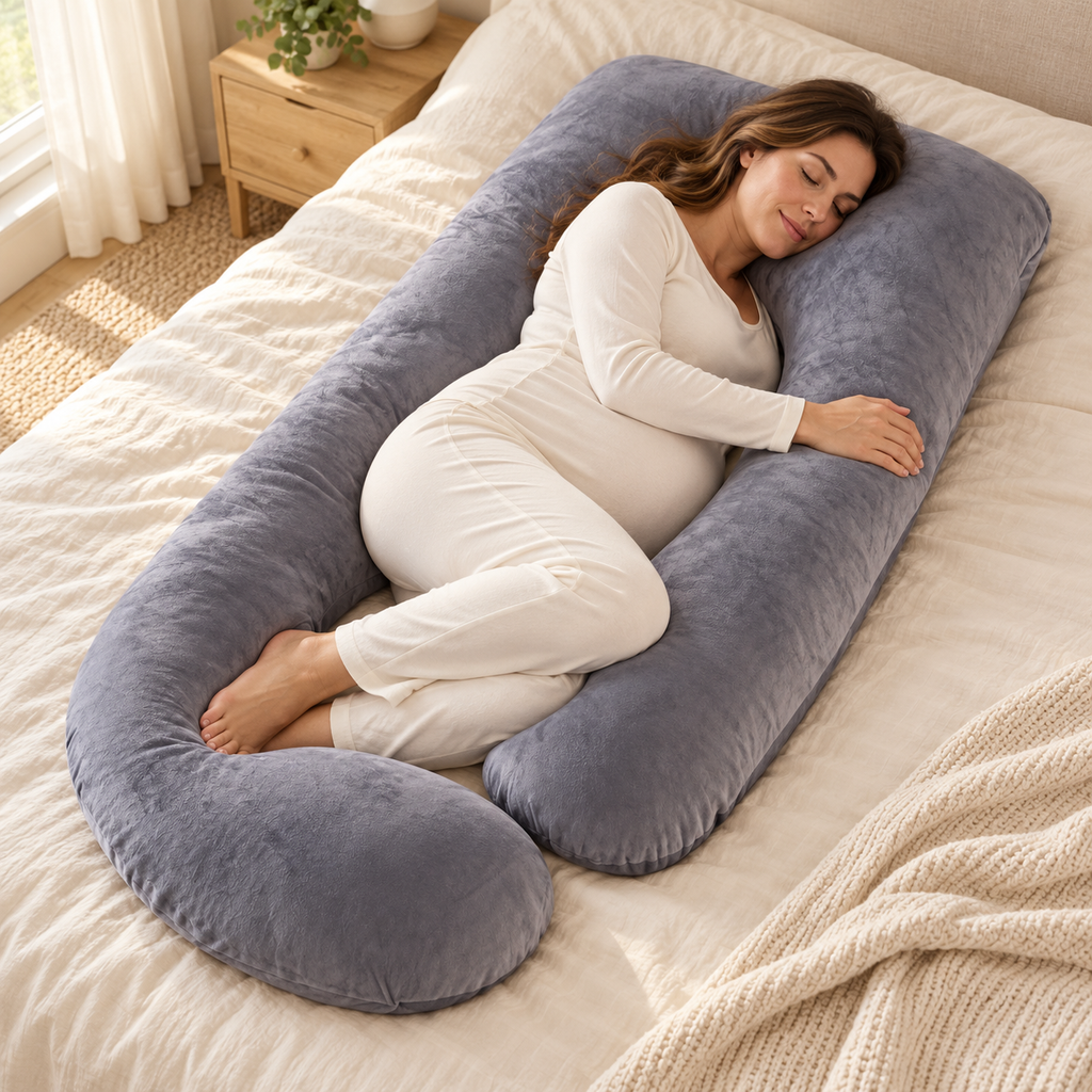 Tots & Moms full-body maternity pillow — G grey pillow — model using pillow