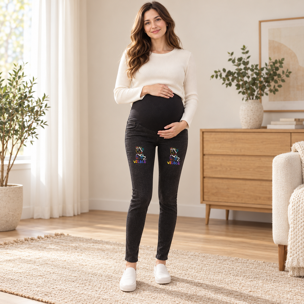 Tots & Moms maternity jeans — Black — Rainbow Teddy, worn by an adult model