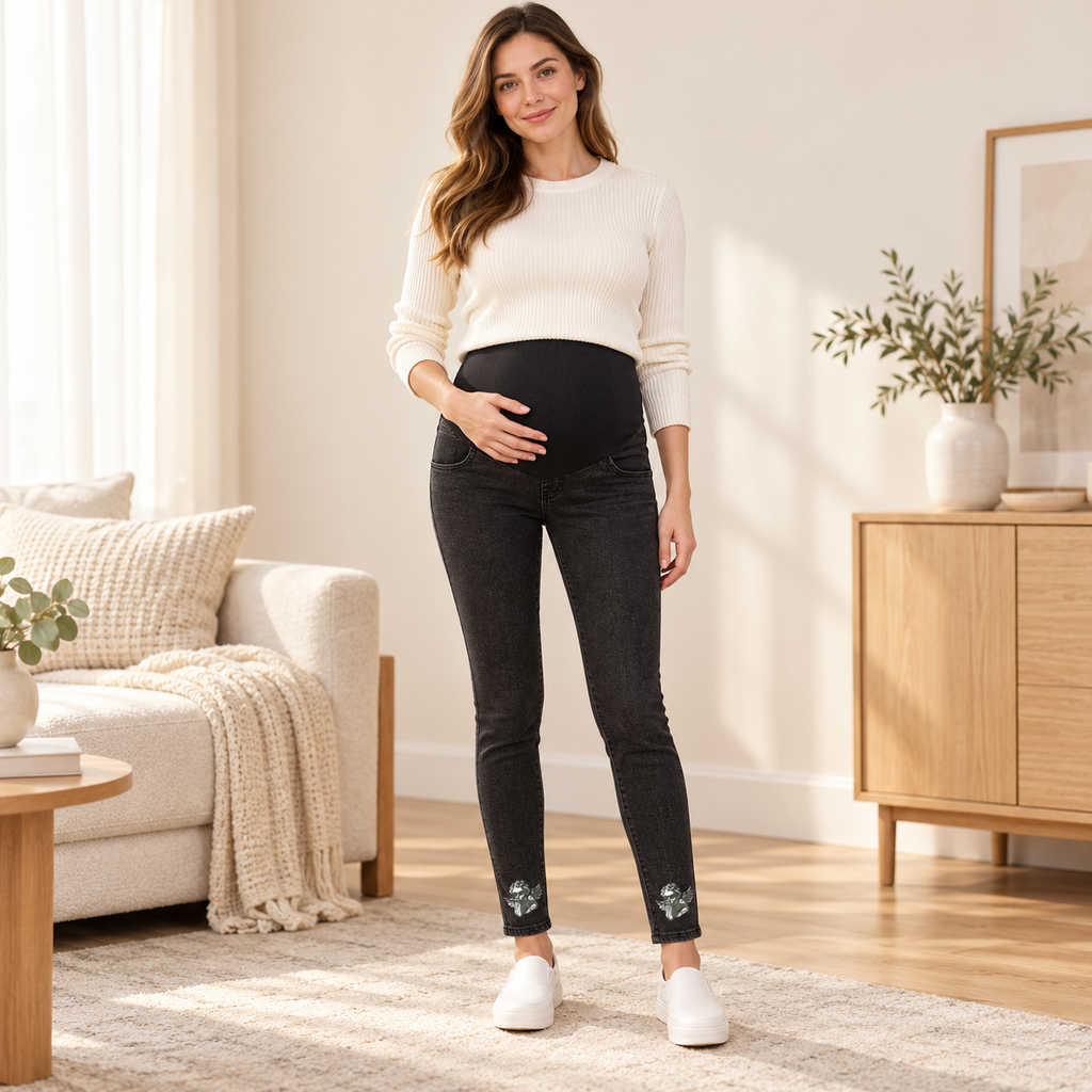 Tots & Moms maternity jeans — Black — Cherub, worn by an adult model