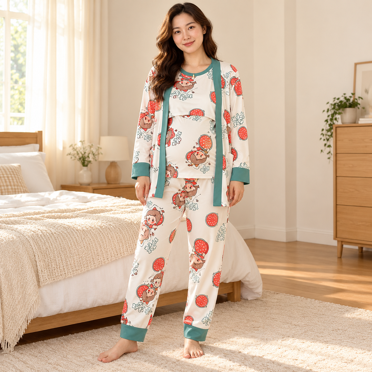 Tots & Moms three-piece nursing pyjama set — style Illustrated Print — Green Trim — worn by adult model