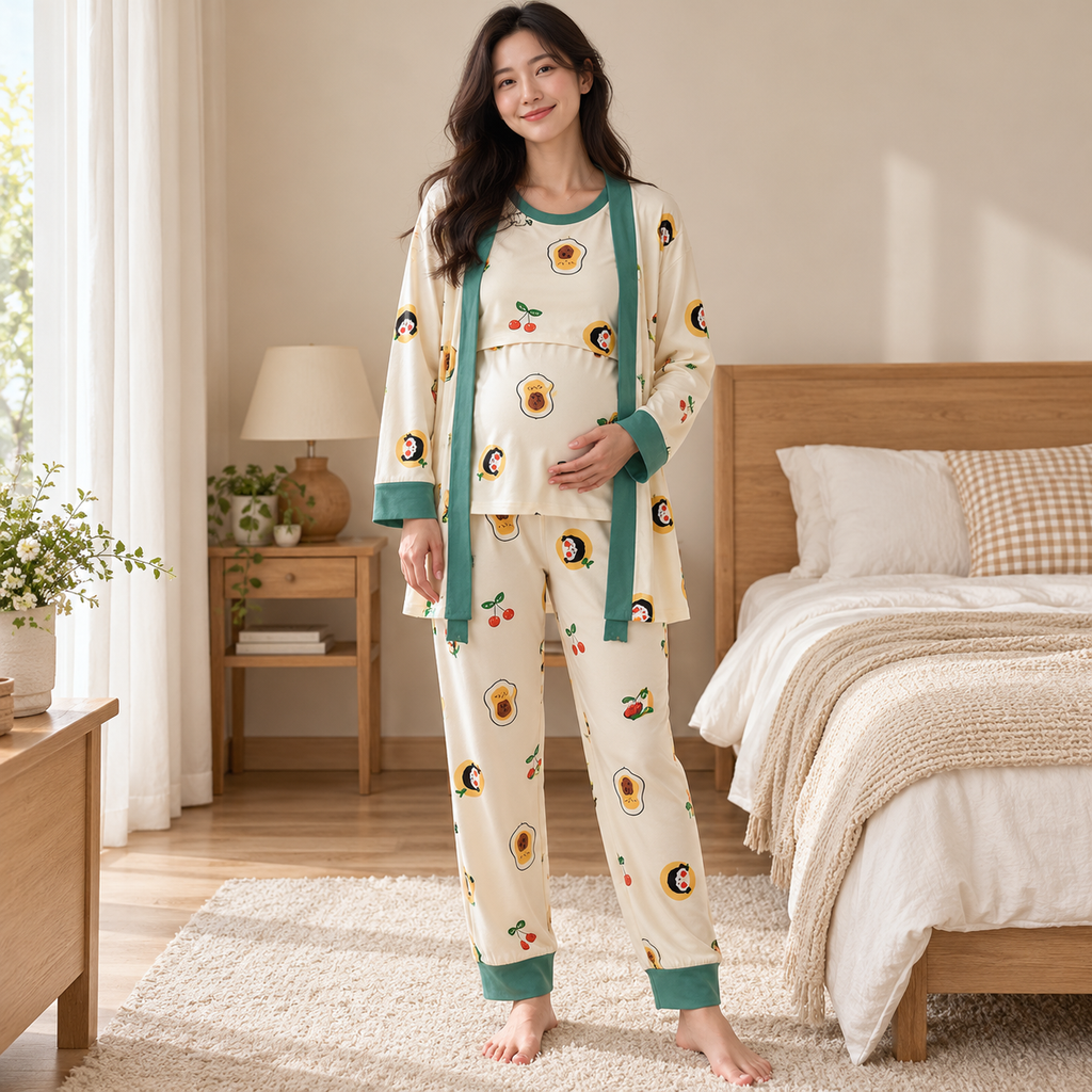 Tots & Moms three-piece nursing pyjama set — style Avocado Print — Green Trim — worn by adult model