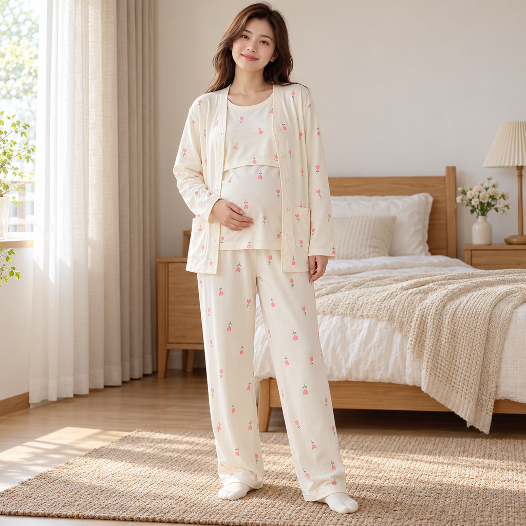 Tots & Moms three-piece nursing pyjama set — style SY-5603 — worn by adult model