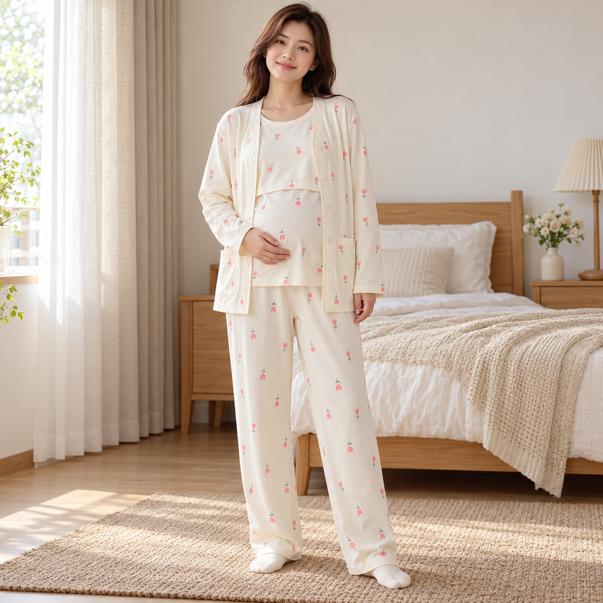 Tots & Moms three-piece nursing pyjama set — style SY-5603 — worn by adult model