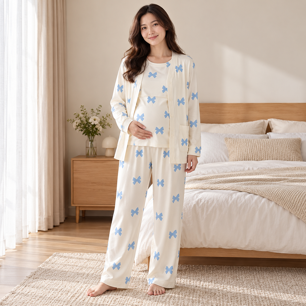 Tots & Moms three-piece nursing pyjama set — style SY-5606 — worn by adult model