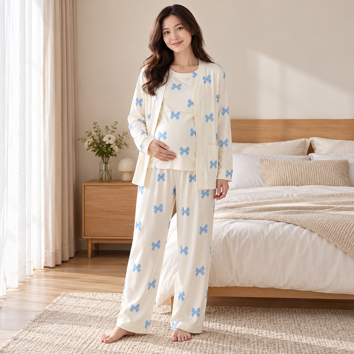 Tots & Moms three-piece nursing pyjama set — style SY-5606 — worn by adult model