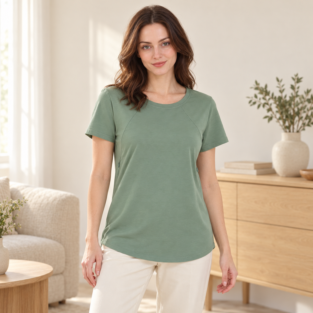 Tots & Moms nursing T-shirt — green — worn by model
