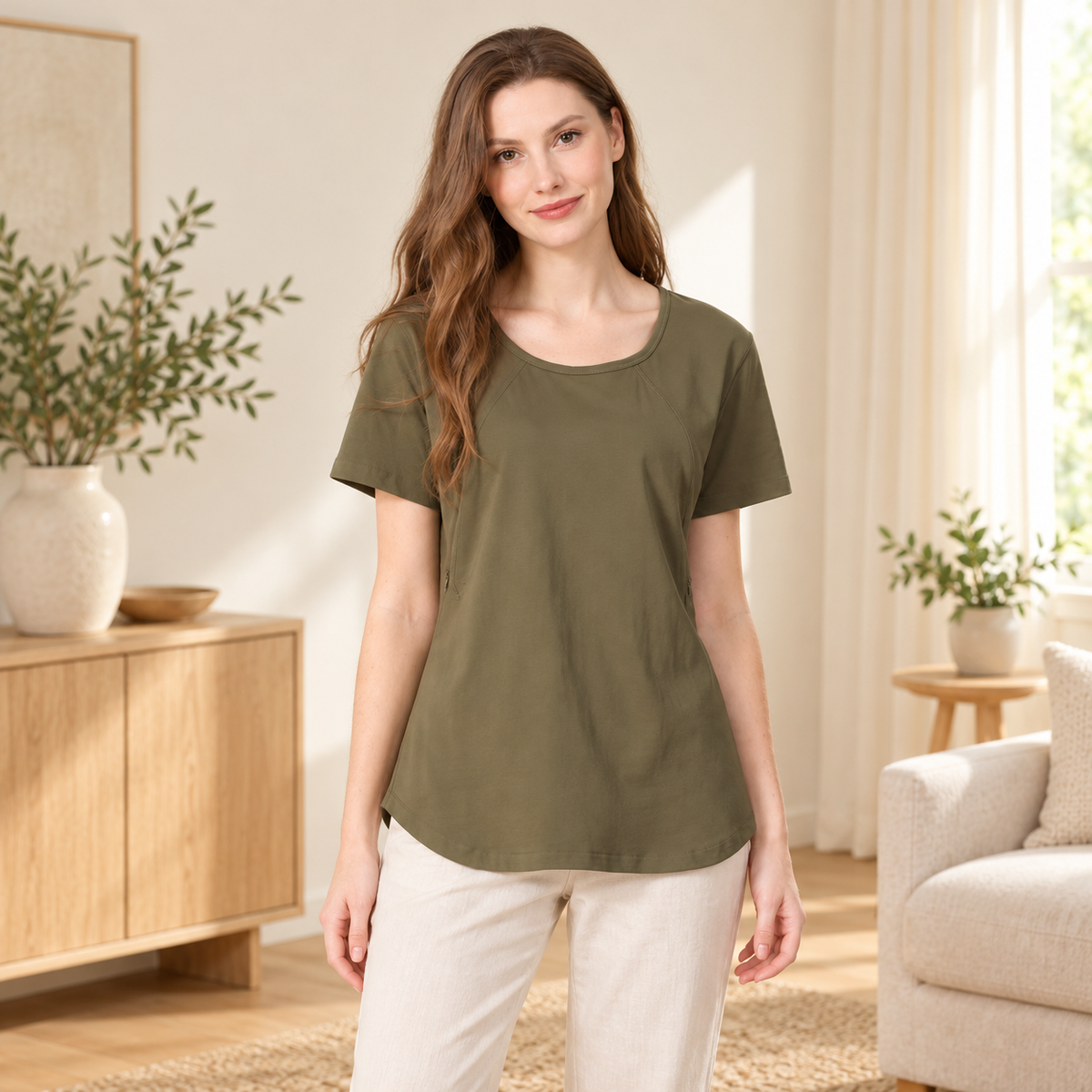 Tots & Moms nursing T-shirt — army green — worn by model