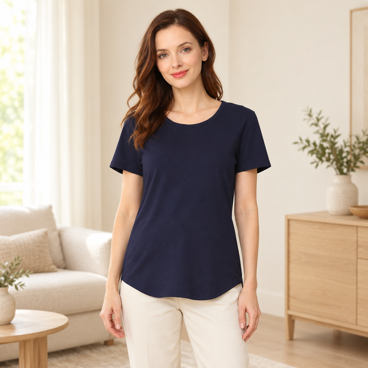 Tots & Moms nursing T-shirt — dark blue — worn by model