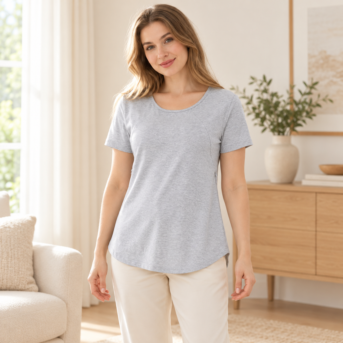 Tots & Moms nursing T-shirt — GRAY — worn by model