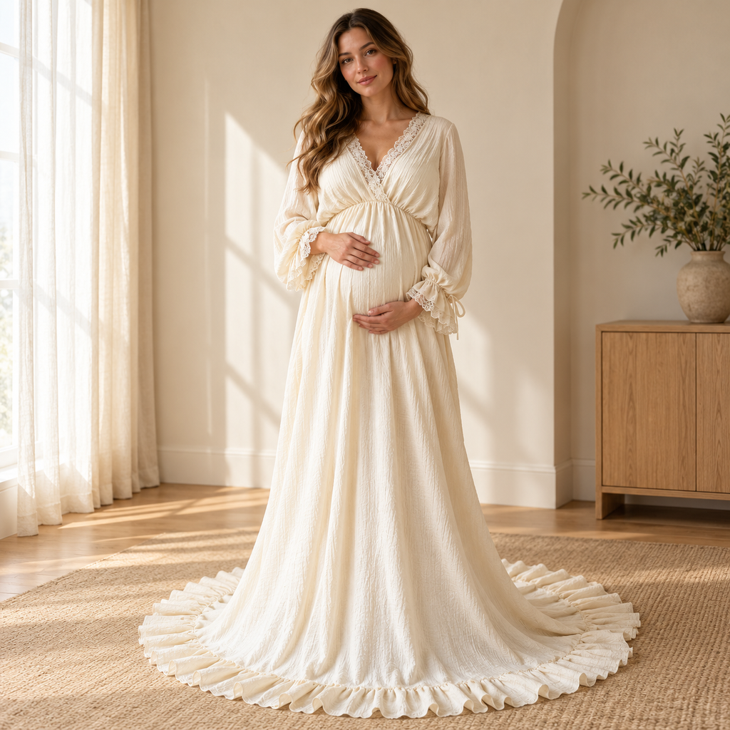 Tots & Moms V-neck maternity gown — Beige — worn by adult model