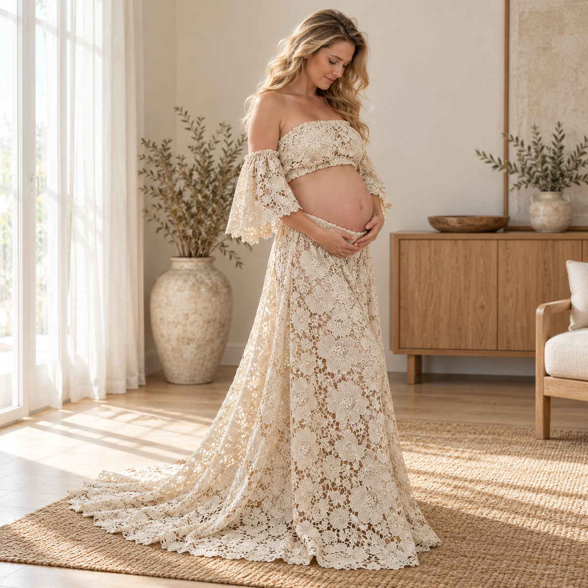 Tots & Moms off-shoulder lace two-piece — Beige — worn by adult model