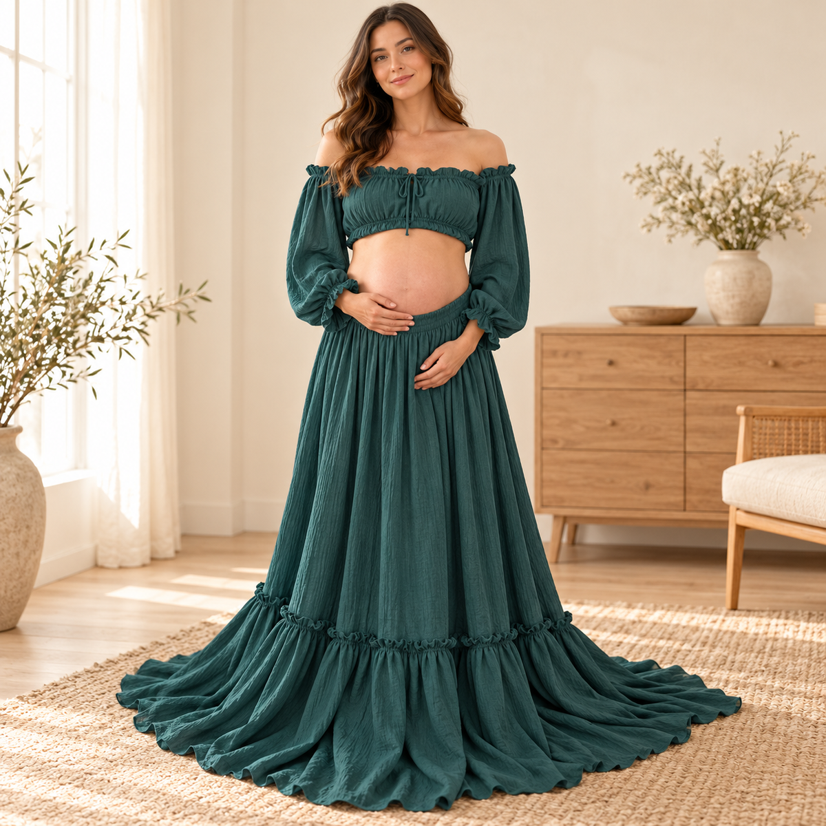 Tots & Moms bohemian maternity portrait outfit — green — worn by adult model