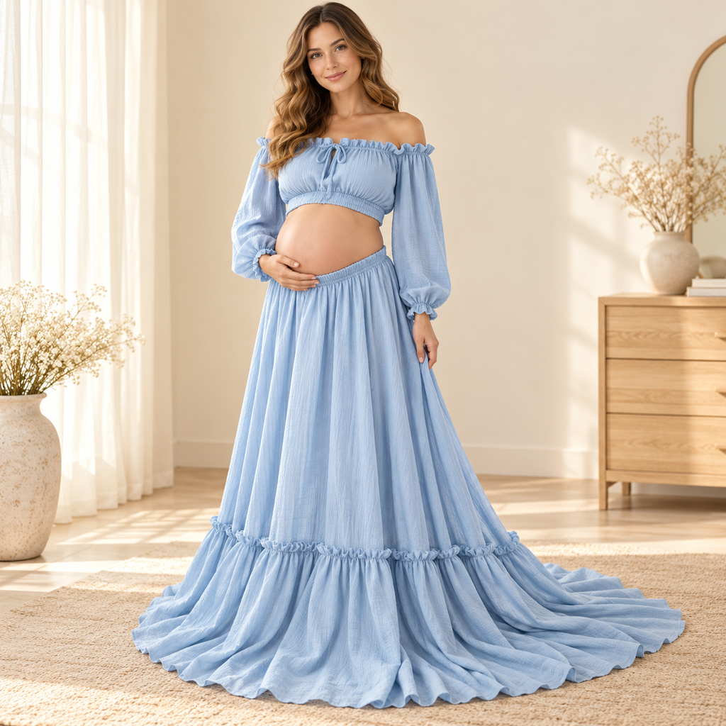 Tots & Moms bohemian maternity portrait outfit — SKY BLUE — worn by adult model