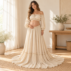 Tots & Moms bohemian maternity portrait outfit — Beige — worn by adult model