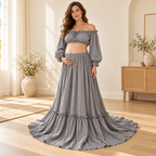 Tots & Moms bohemian maternity portrait outfit — GRAY — worn by adult model